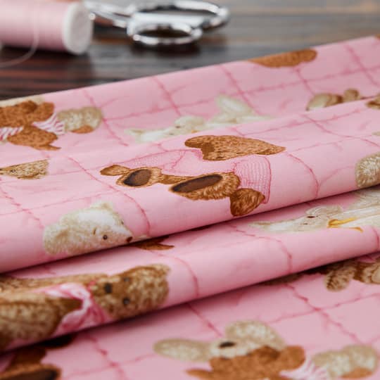 Fabric Traditions Pink Teddy Bear Toss Cotton Fabric